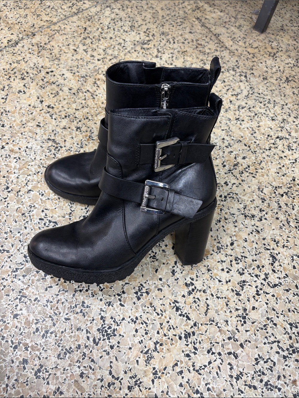 Michael Kors Black Leather Double Buckle Ankle Booties – Size 8M
